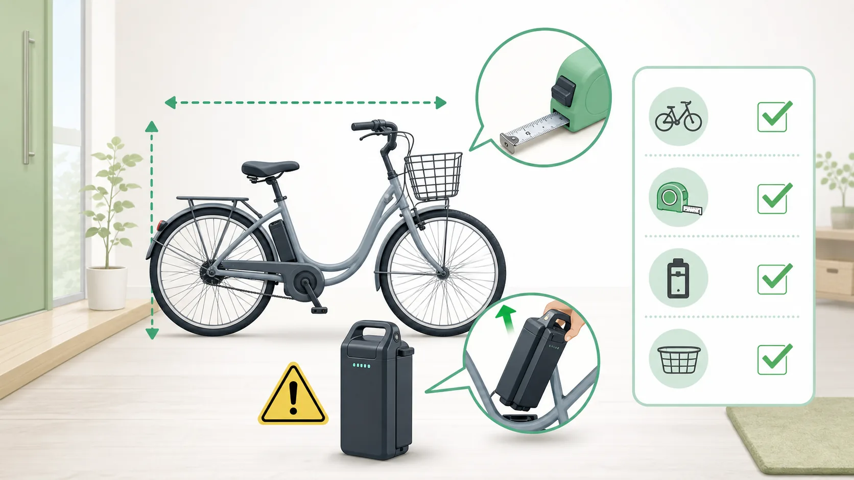 自転車のサイズと電動自転車のバッテリー確認を示すイメージ