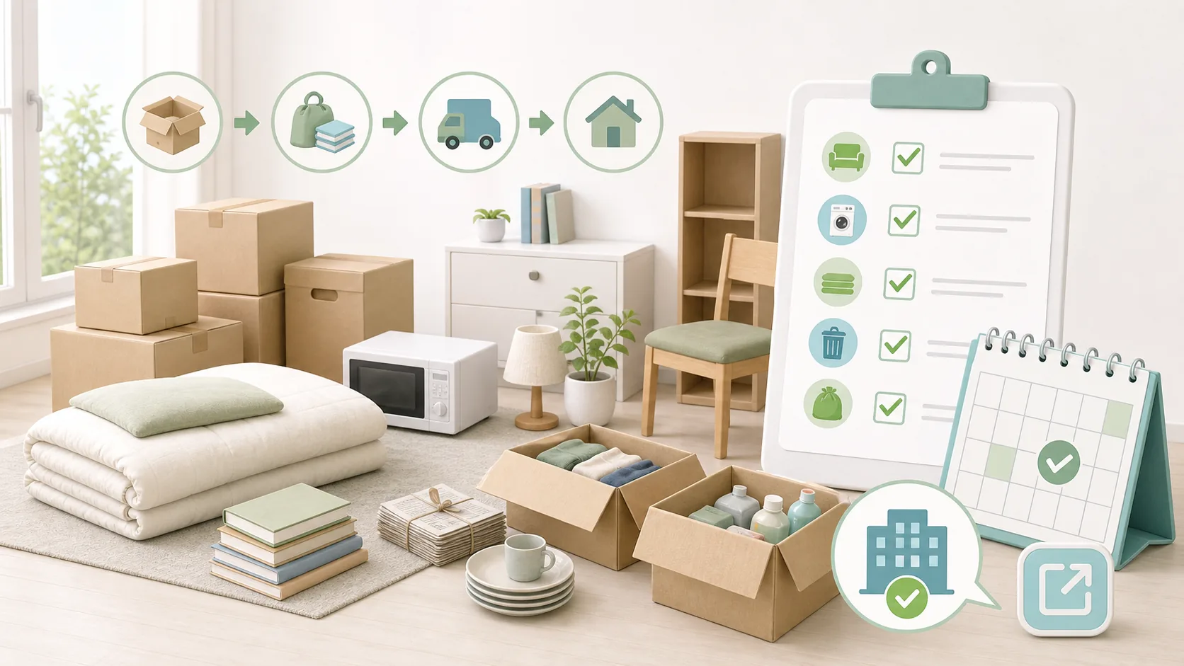 引越し前に不用品を分けて公式情報を確認する流れのイメージ